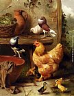 Edgar Hunt Famous Paintings - A Chicken, Doves, Pigeons And Ducklings